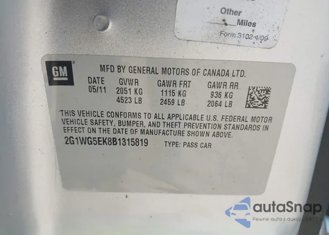 2011 Chevrolet Impala Lt from USA, damaged, VIN 2G1WG5EK8B1315819